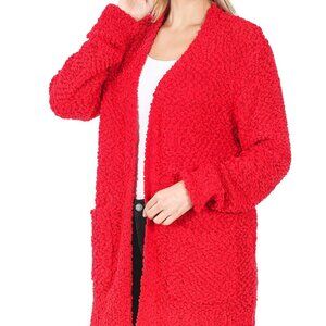Zenana Long Sleeve Popcorn Sweater Cardigan with Pockets